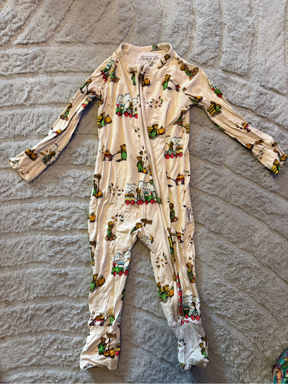 6-12 month Charlie Lou Corduroy Cream Train-Print Kids One-Piece